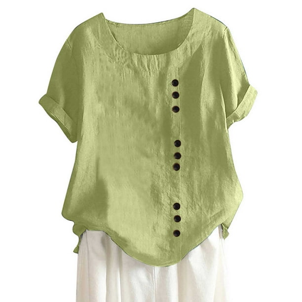 ICHUANYI Clearance Women's Fashion Summer Round Neck Leisure Short Sleeve Solid Buttons Tops(Mint Green, M) ICHUANYI WER2023080903253