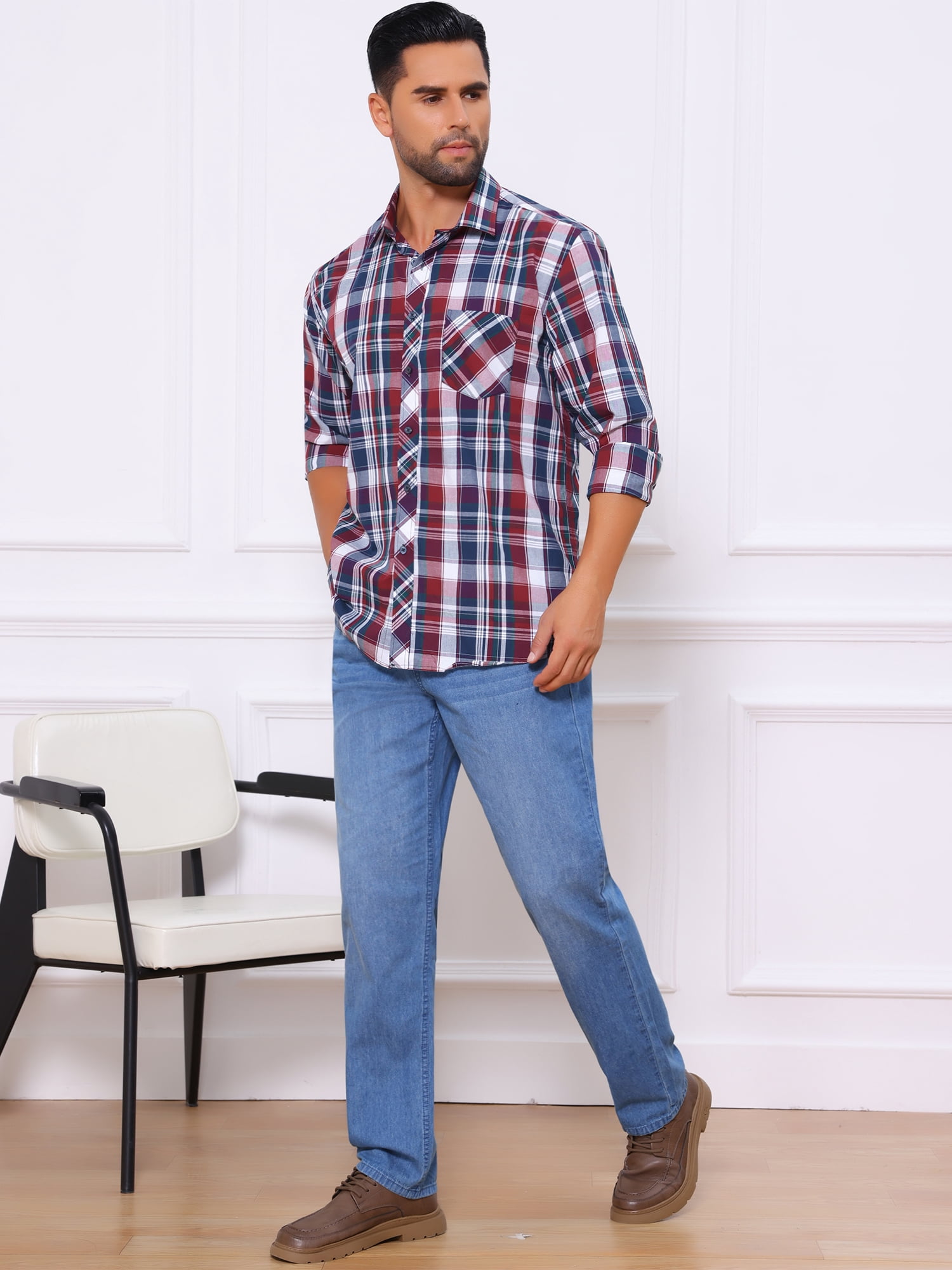 DARING DIVA Men's Long Sleeve Checked Shirt Point Collar Button Plaid Shirt XL Red Navy