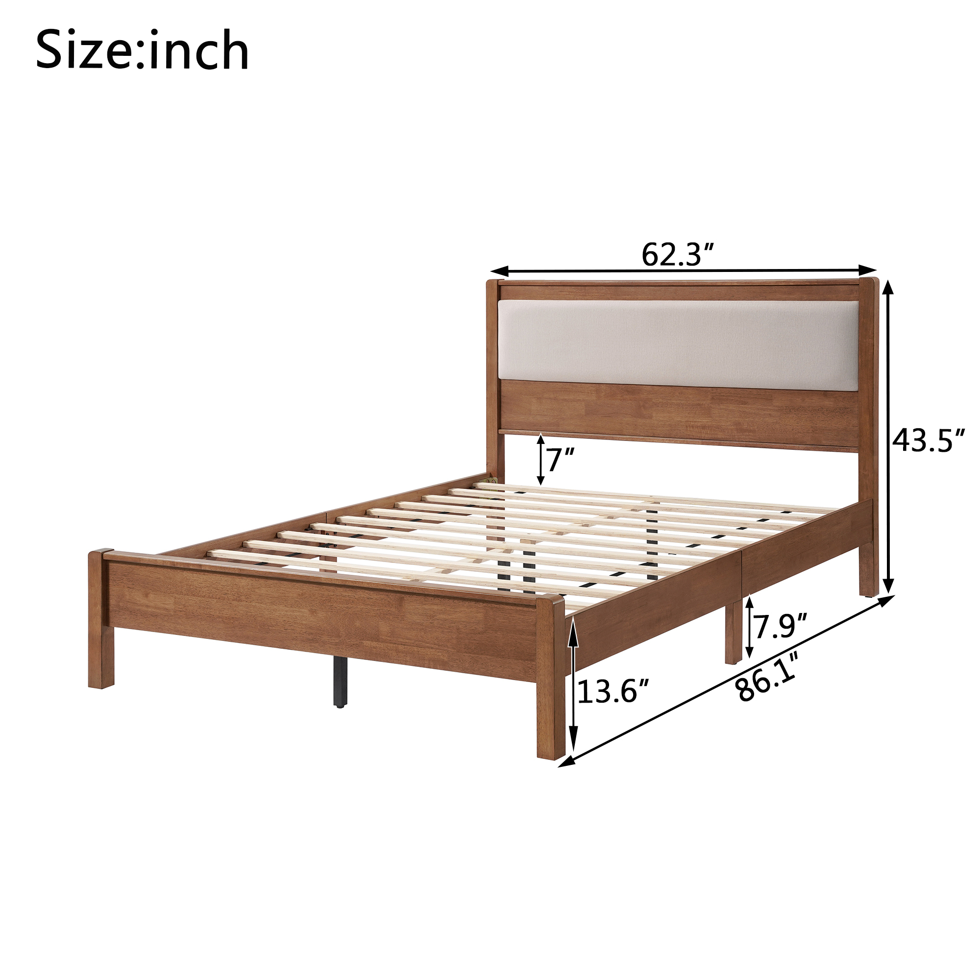 HOQBN Queen Solid Rubberwood Bed Frame with Upholstered Headboard, Reinforced Central Support Legs for Bedroom Brown