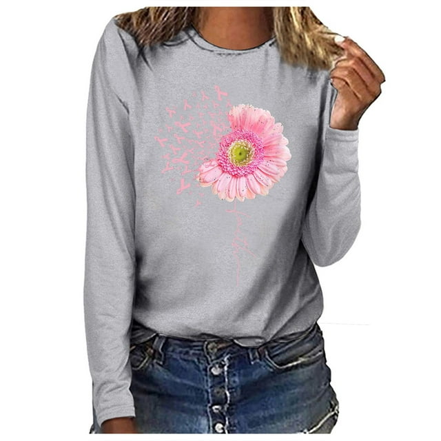 Fridja Haut Femme Cancer du Sein Décontracté Manches Longues Col Rond Chandail en Molleton Pull Blouse