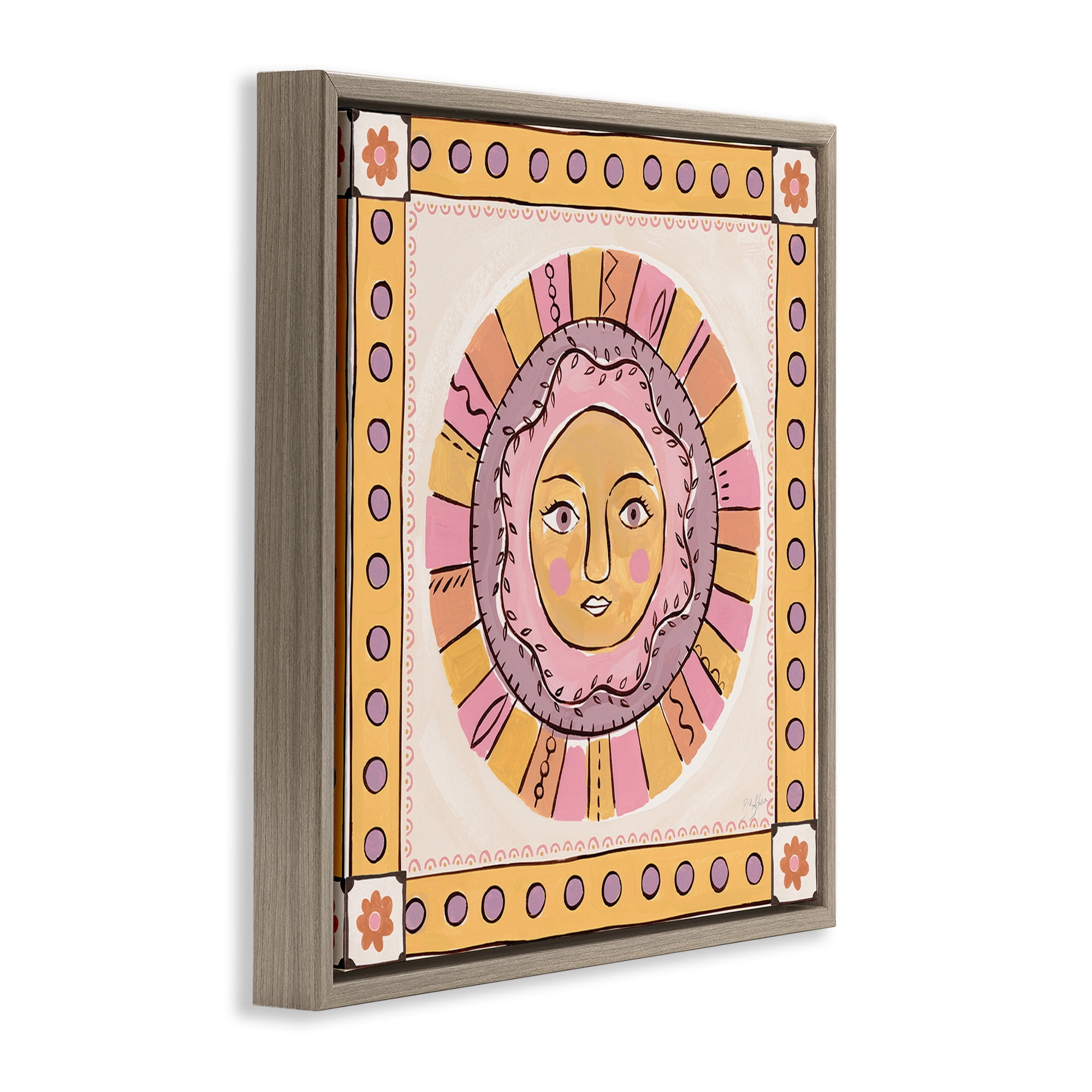 Stupell Industries Pastel Sun Face with Border Brown Framed Floater Canvas Wall Art, design by Two If By Sea Studios