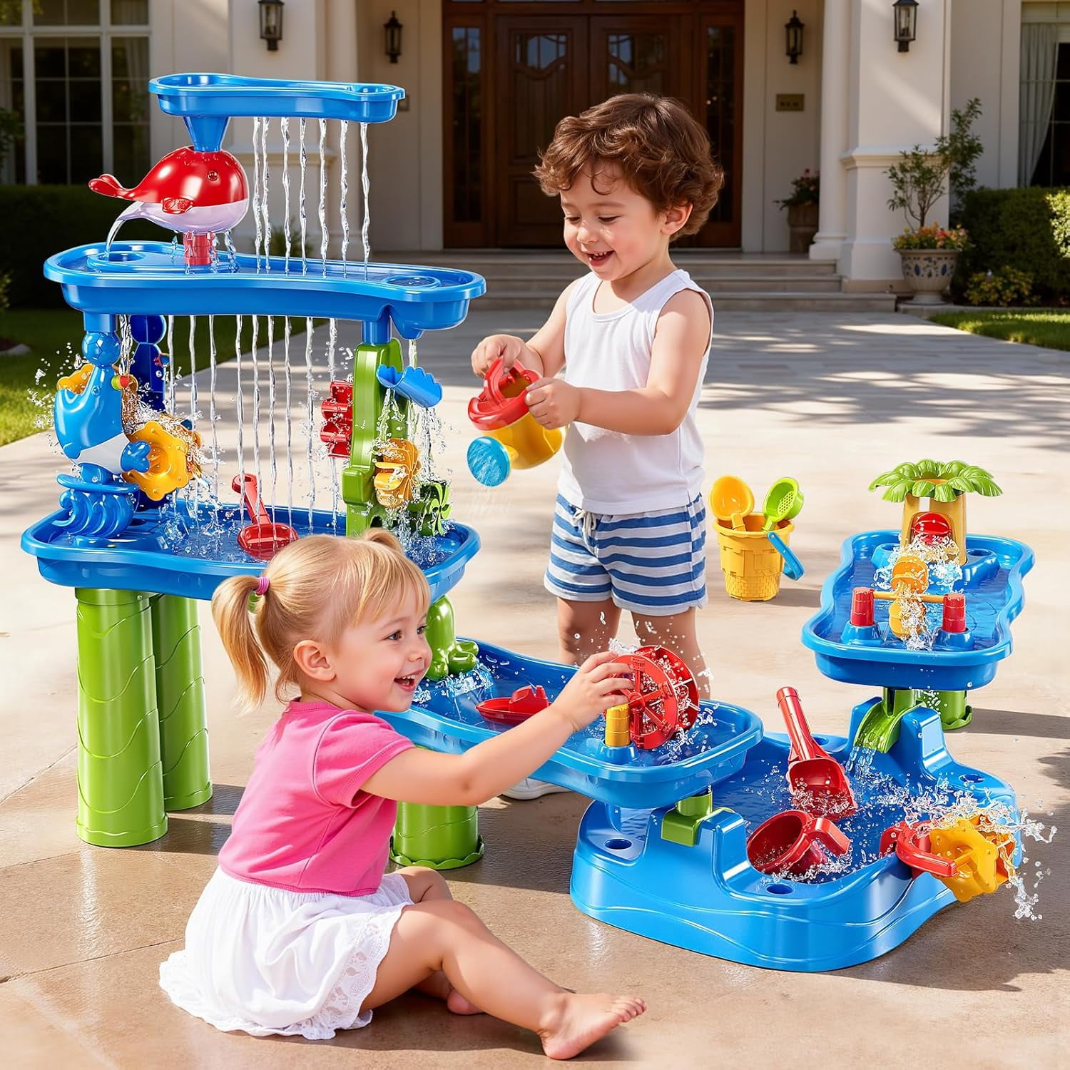 3-Tier 4 Areas Water Table for Kids 3-5, Summer Outdoor Beach Sensory Activity Playset Kids Sand and Water Table Toys, Birthday Gifts for Boys and Girls 3 4 5 6 7 8