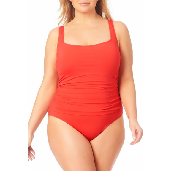 Anne Cole POPPY RED Plus Size Shirred One-Piece Swimsuit, US 16W