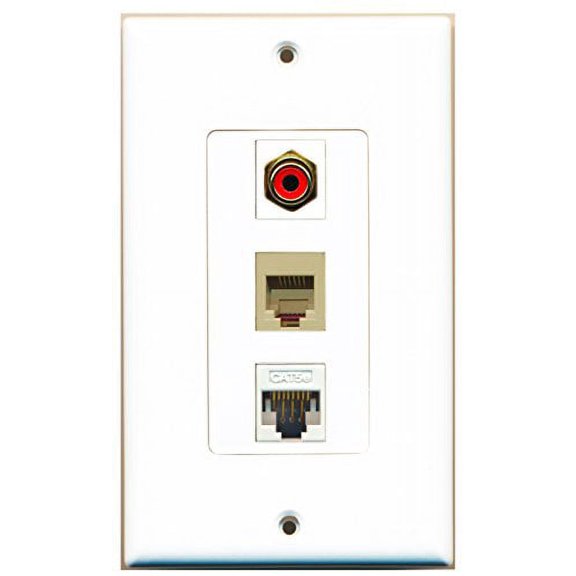 RiteAV - 1 Port RCA Red and 1 Port Phone RJ11 RJ12 Beige and 1 Port Cat5e Ethernet White Decorative Wall Plate Decorative