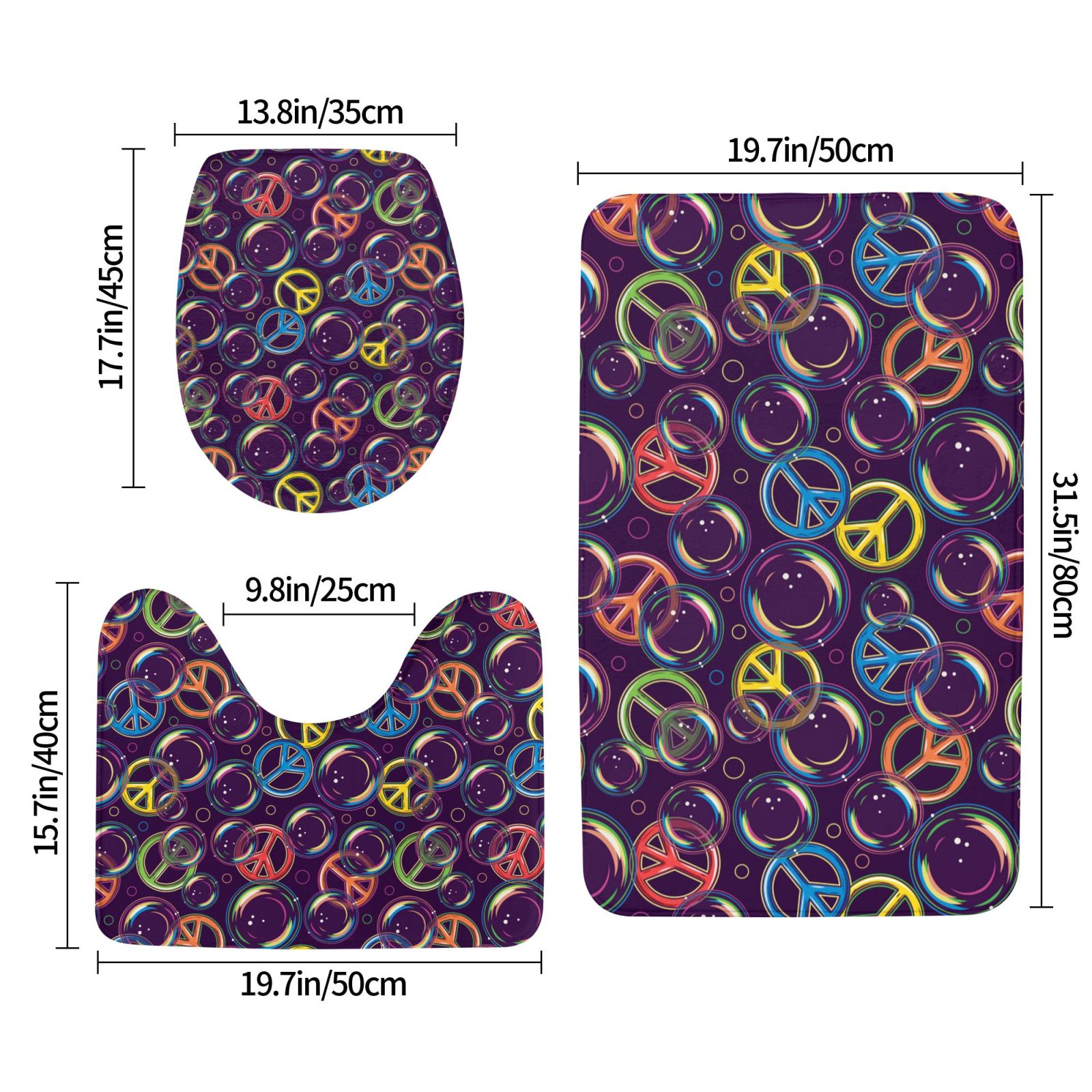 Bathroom Rugs Sets 3 Piece - peace sign bubbles dark purple Absorbent Non Slip Bath Mats, U-Shape Toilet Lid Cover, Contour Mat, Soft Washable Shower Mats Bath Rug Mat for Bathroom Tub Toilet