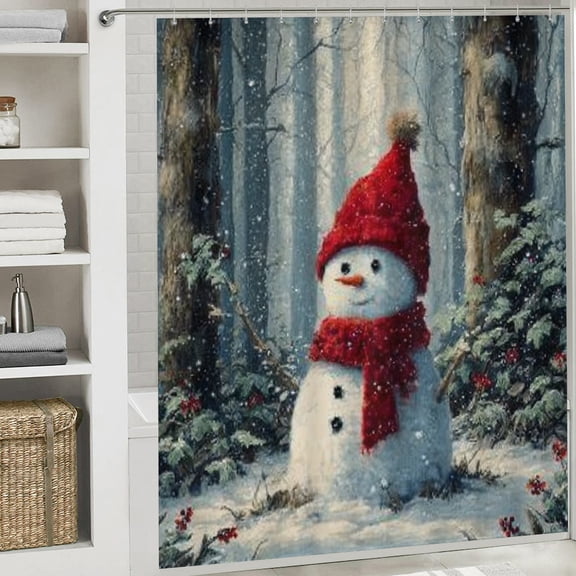 RKSupls Christmas Shower Curtain, Cute Snowman Theme Shower Curtain with Hooks for Christmas Home Bathroom Decor Washable Curtains, 72x72 in