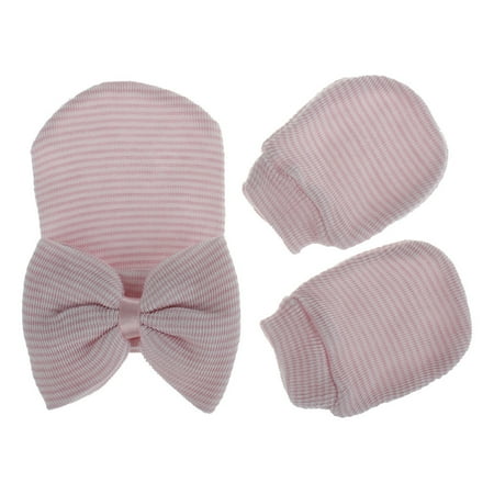 

Honeeladyy Discount 2pcs Newborn Baby Girls Boys Striped Bownot Woolen Headgear Warm Hat Cap + Knit Gl