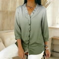 thumbnail image 5 of XPMWRP Women's V‑Neck Ruffle Placket Ombre Gradient Draped 3/4 Sleeve Blouse Soft Loose Fit Casual Summer Top Romantic Feminine for Daily Vacation Wear Green XL, 5 of 5