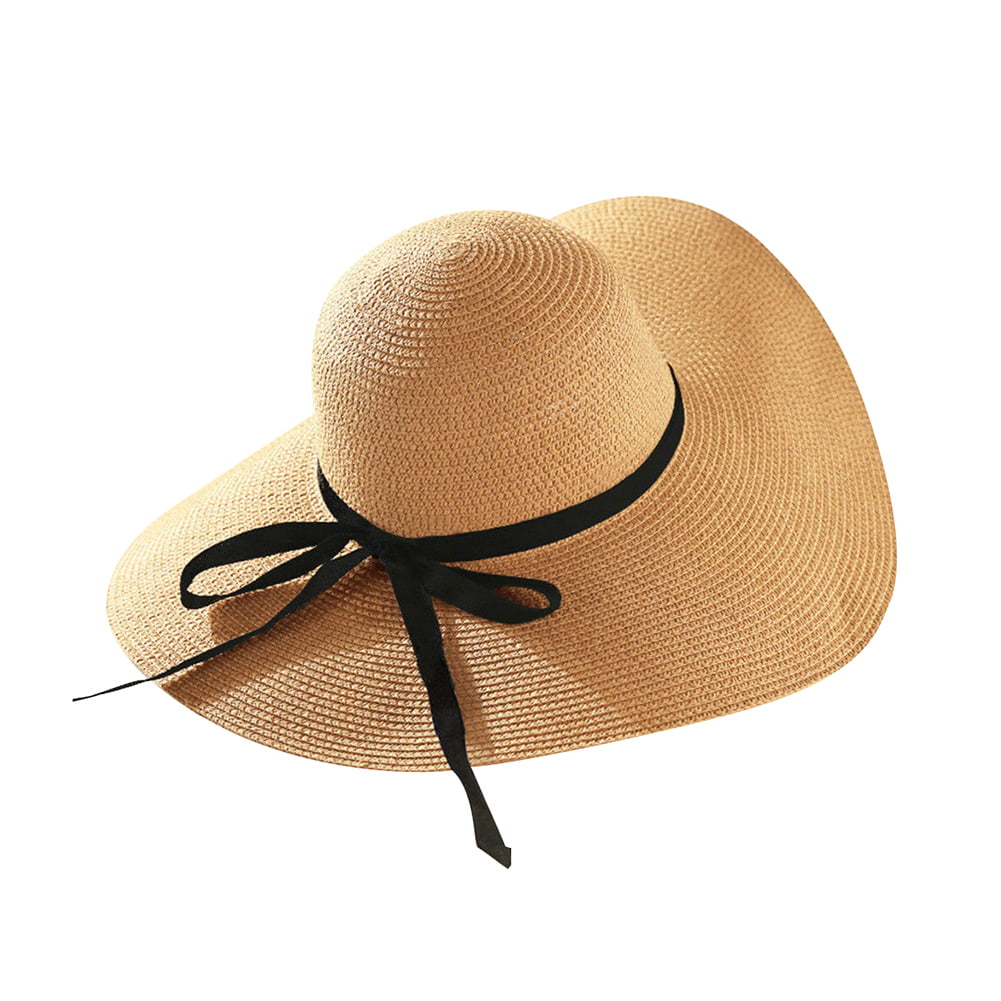 Wide Brim Foldable Straw Floppy Summer Beach Derby  Hat With Ribbon and Bow 