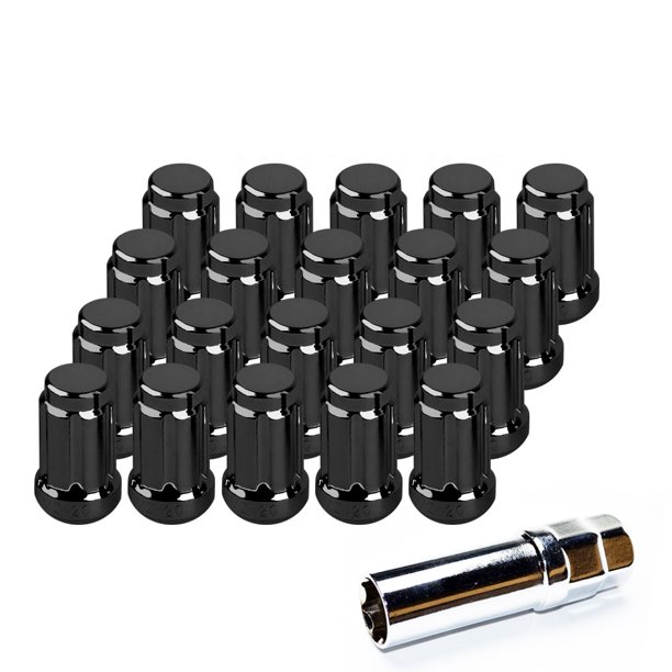 Set 20 14mm x 1.5 Spline Tuner Lug Nut Black 6 Spline 1.4" Tall 14x1.5
