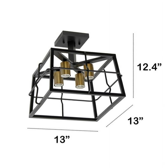 Lalia Home 12.4" Ironhouse Four Light Decorative Squared Metal Semi Flush Mount Celling Light Fixture with Exposed Lights for Farmhouse and Industrial Dcor, Bedroom, Living Room, Foyer, Hallway, Black