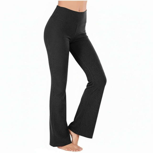 aohooy Women Textured Booty Yoga Legging High Waist Soft Ribbed Knit Elastic Flare Pant Stretchy Tummy Control Bootcut Workout Lounge Bottoms Black,M