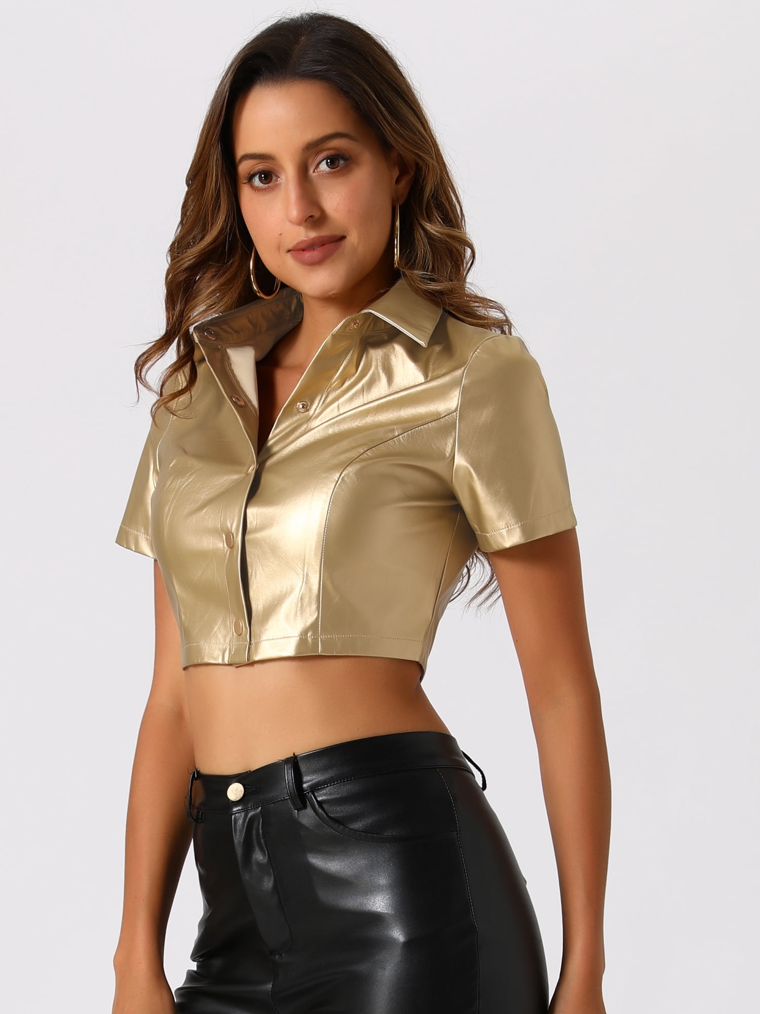 DARING DIVA Women's Pu Leather Button Down Crop Top Shirt Blouse S Gold