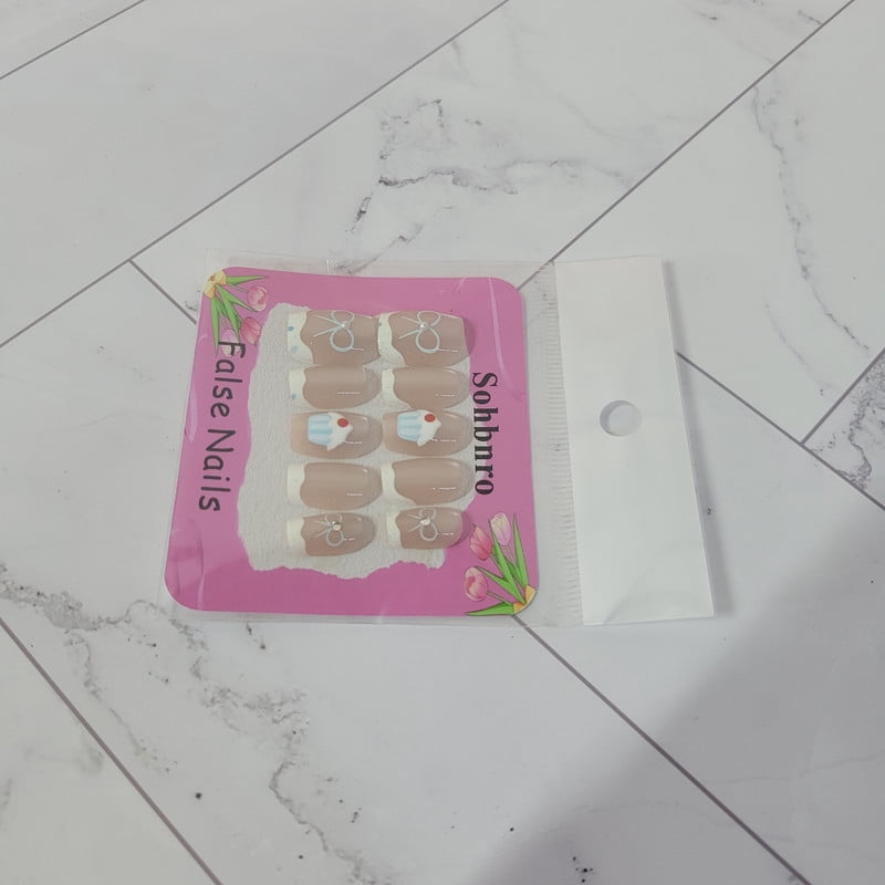Sohbnro False nails, Short Square French Tip False Nails with Sweet Dessert Design