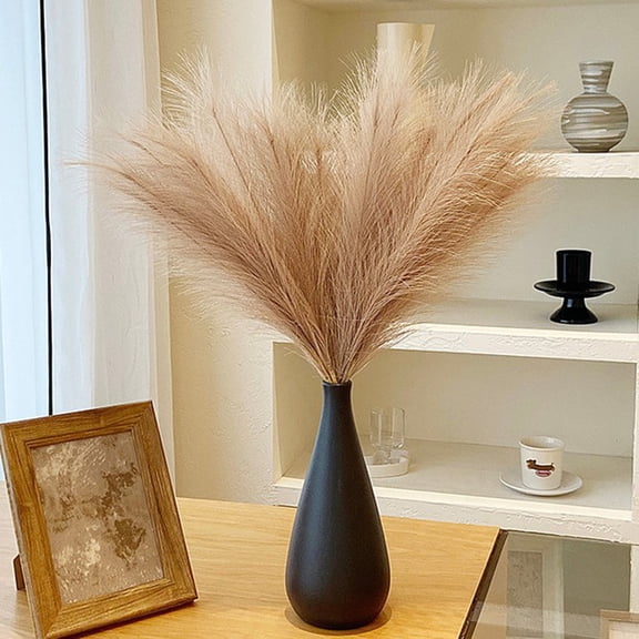 Bxaolu 1Pack Pampas Grass Decor 21.6" Fluffy Faux Short Pampas Grass Artificial Small Pompas Grass Flower Vase Filler for Home Wedding Living Room Wall Party Decoration, Brown