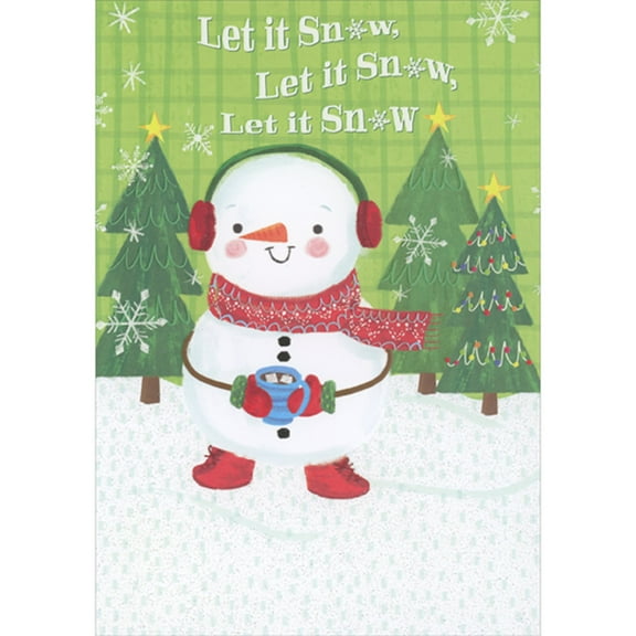 Designer Greetings Cute Snowman Holding Blue Cup of Hot Chocolate in Snowy Forest Juvenile Christmas Card for Kid : Child