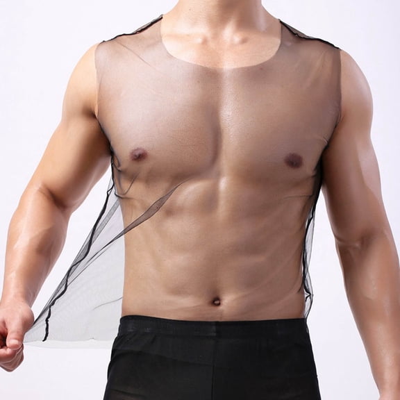 TMOYZQ Men's Sheer Mesh Undershirts Lingerie See-Through Sleeveless Tank Top Vest Crew Neck Workout Fitness Gym Muscle Shirt Party Clubwear