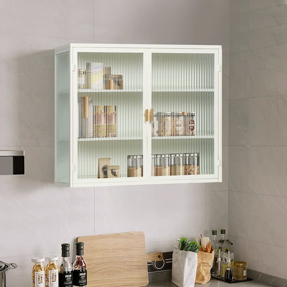 27.56" Glass Doors Modern Two-Door Wall Cabinet with Three-Tier Storage