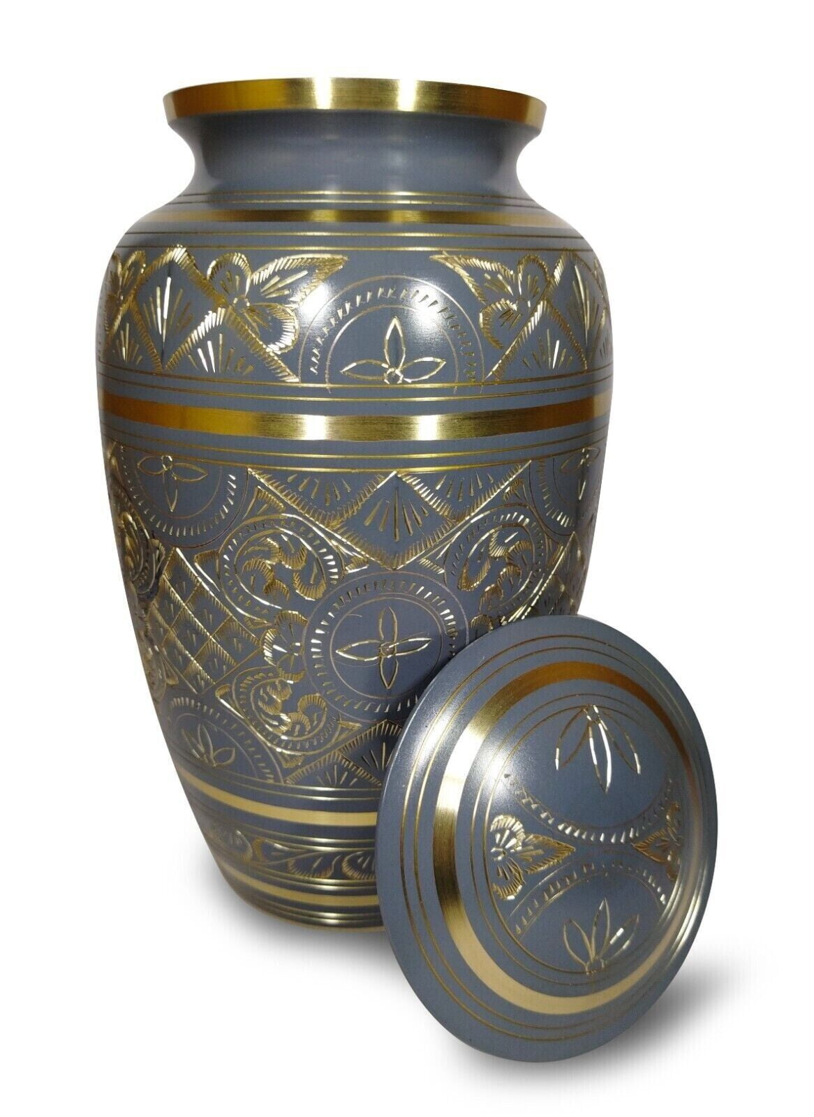 Cremation Urn Grey And Gold Engraved Funeral Burial Urn For Human And Pet Ashes Adult Size Urn with velvet bag