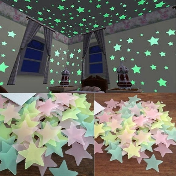 100 Pcs Glow in the Dark Stars for Ceiling and Wall Decals, 3D Fluorescent Luminous Star Stickers for Kids Bedroom and Nursery, Multi-Color Night Light Decor