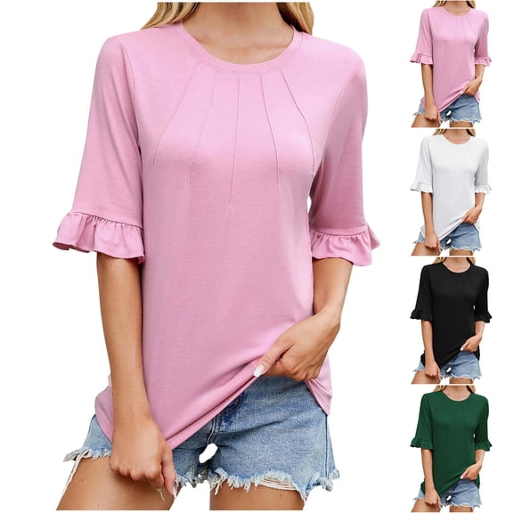 YHAJDS Womens T Shirts Trendy Short Sleeve Round Neck Rolled Hem Solid Color Tee Loose Casual Top