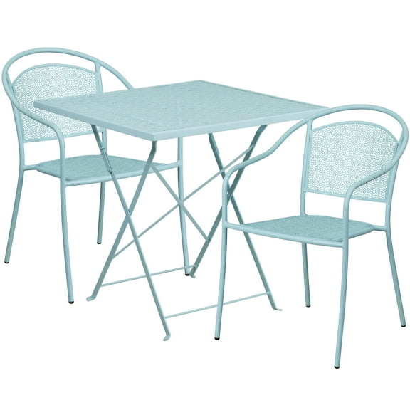 Flash Furniture Commercial Grade 28" Square Sky Blue Indoor-Outdoor Steel Folding Patio Table Set with 2 Round Back Chairs