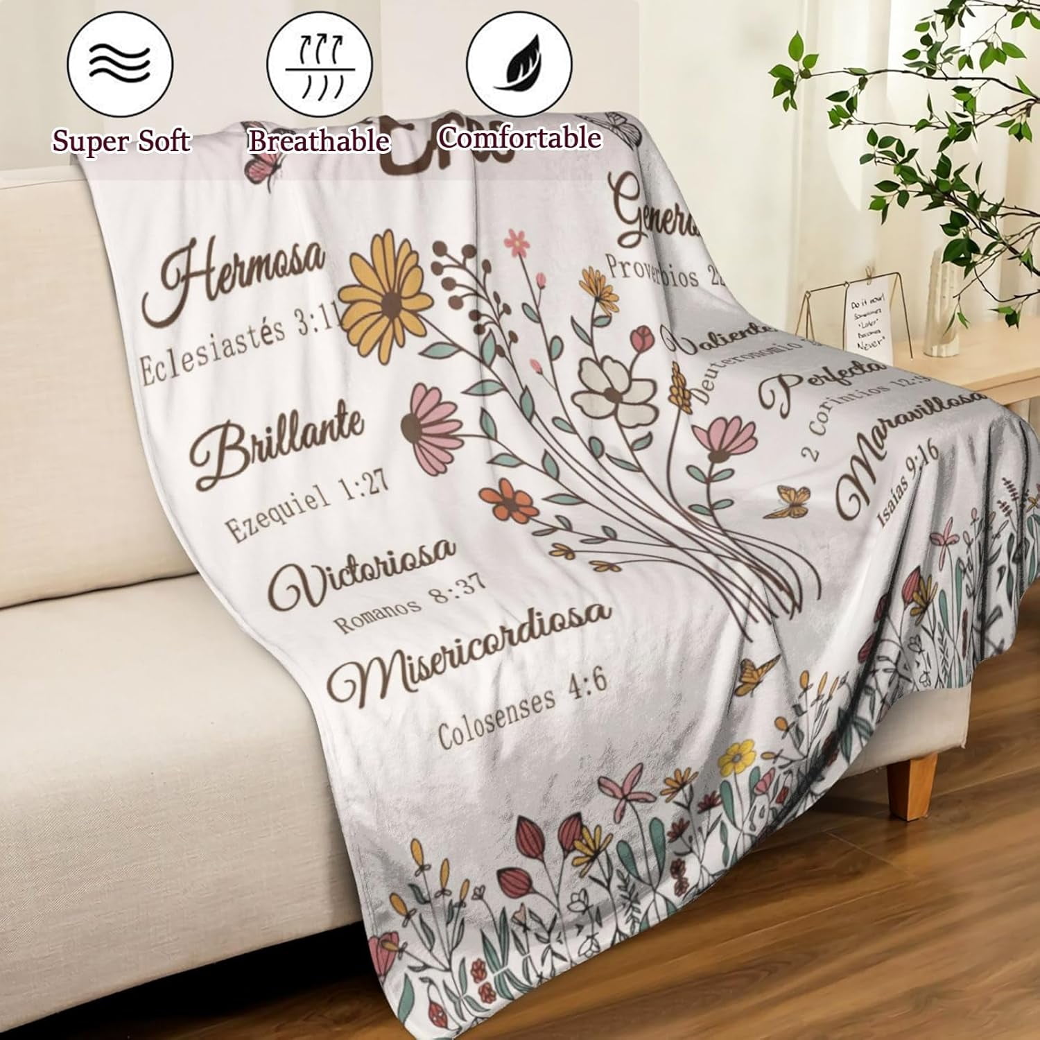 Spanish Christian Blanket Birthday Gifts for Women Men Regalos Cristianos para Mujer Inspirational Scripture Throw Blanket with Bible Verse Religious Gifts (Beige, 40x50 inch, Letter Floral)