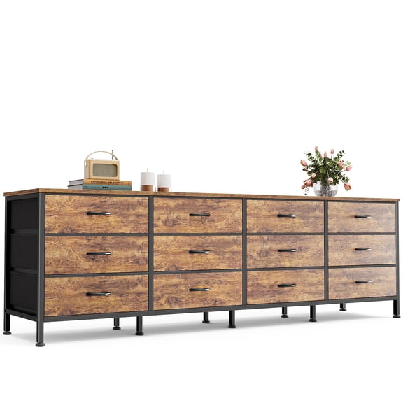 70 Inch Dresser for Bedroom, TV Stand for 65, 75, 80 Inch TV, 12 Fabric Drawer Long Dresser, Large Entertainment Center for Bedroom, Wide Chest of Drawer with Storage, Rustic Brown