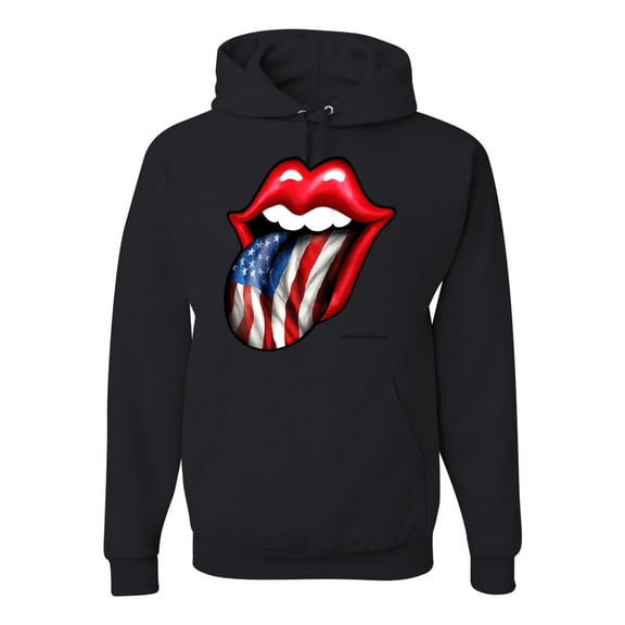 Wild Bobby, American Flag Lips Tongue Out, Unisex Graphic Hoodie Sweatshirt, Black, Small