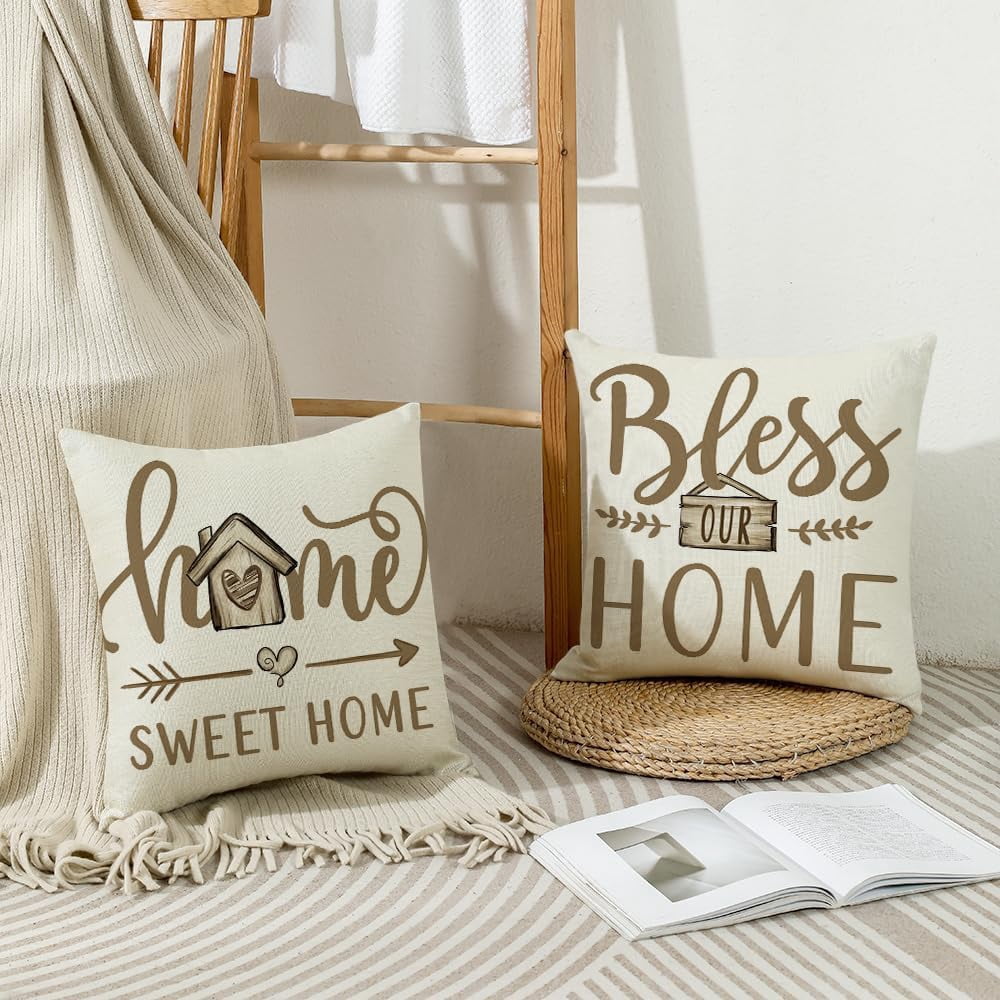 Throw Pillow Covers 20x20 Set of 4 Farmhouse Pillow Covers Natural Home Sweet Home Cushion Cases for Sofa Couch Living Room Outdoor Home Decor