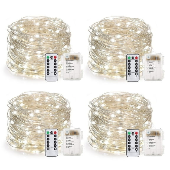 33 Feet 100 Led Fairy Lights Battery Operated with Remote Control Timer Waterproof Silver Wire Twinkle String Lights for Bedroom Indoor Outdoor Wedding Dorm Deco White 4Pack