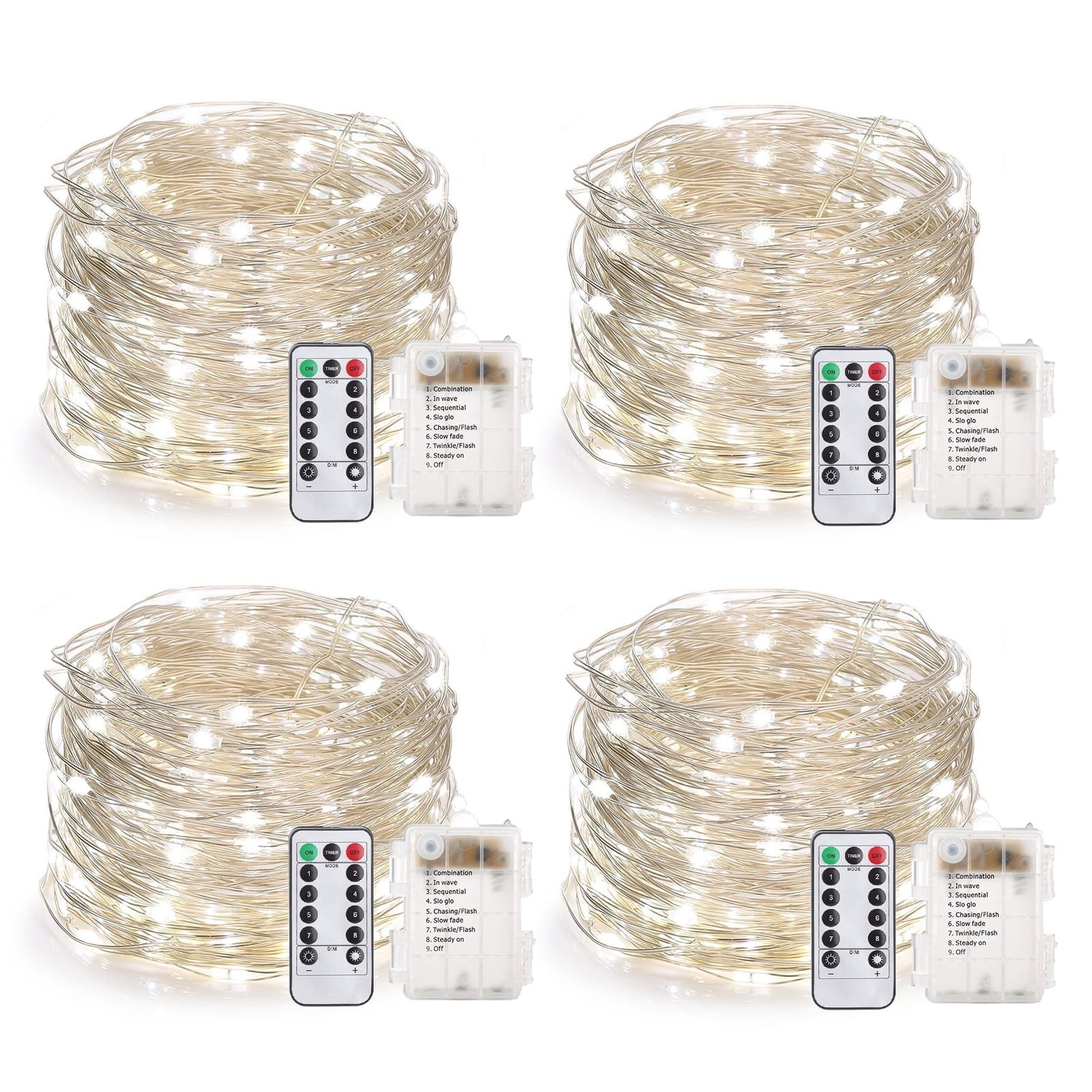 33 Feet 100 Led Fairy Lights Battery Operated with Remote Control Timer Waterproof Silver Wire Twinkle String Lights for Bedroom Indoor Outdoor Wedding Dorm Deco White 4Pack