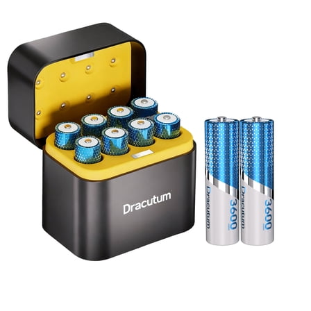 Dracutum Rechargeable AA Batteries with Charger, 3600mWh Rechargeable AA Lithium Batteries 1.5V Li-ion 2000 Cycles Long Lasting 8 Pack