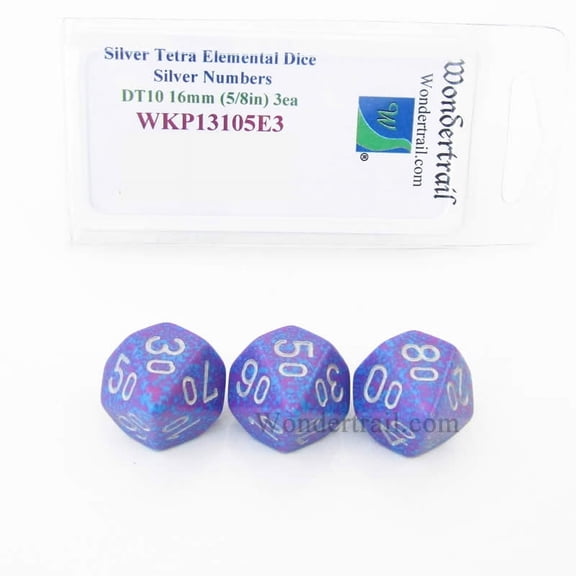 Silver Tetra Elemental Dice with Silver Numbers 16mm (5/8in) DT10 Pack of 3 Wondertrail
