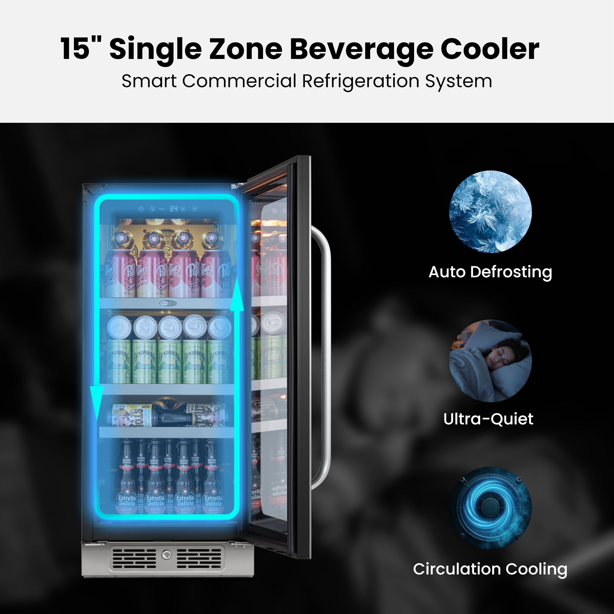 Whynter 15'' Beverage Refrigerator Cooler, 80 Cans Beverage Fridge, Built in or Freestanding Beverage Center with Stainless Steel Door