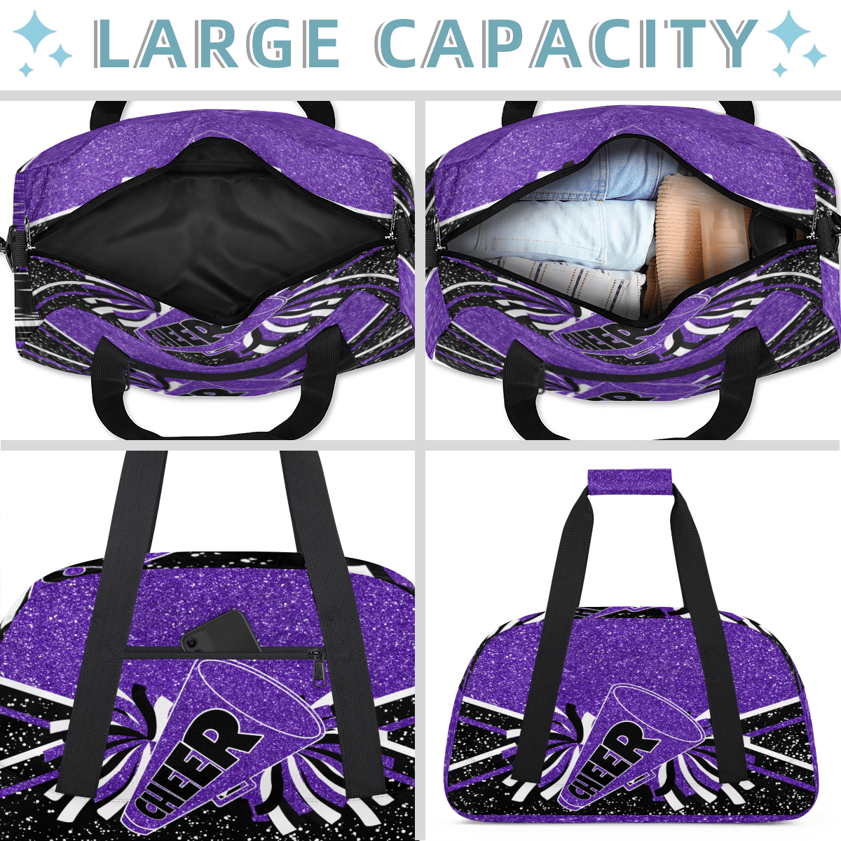Herdesigns Cheer Bags Overnight Duffel Bags Cheerleading Purple Black Sport Gym Bag Travel Bag Travel Waterproof Weekender Bag Carry On Travel Tote Bag Dance Bags