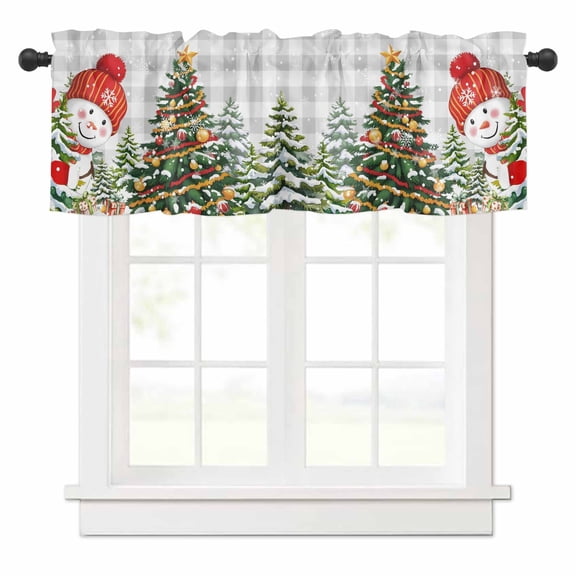 Grey Plaid Snowman Christmas Tree Valances for Windows Xmas Gift Winter Snowflake Rod Pocket Curtain Valance Window Treatment Short Curtains for Kitchen Living Room, 60"x14"