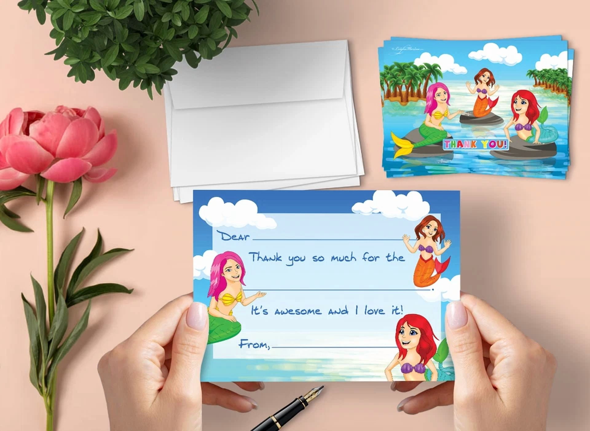 Mermaid Bash Thank You Cards For Kids, 20 Notes & 20 Envelopes