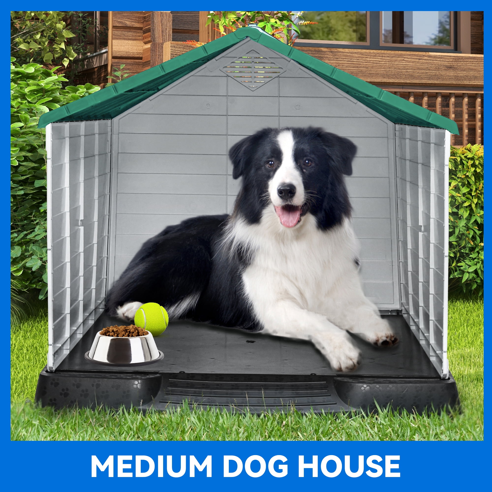 Dextrus Large Plastic Dog House with Air Vents and Elevated Floor,Water Resistant Dog Puppy Shelter for Indoor and Outdoor Use,Spacious and Durable(34.5''L x 30.9''W x 32''H,Green)