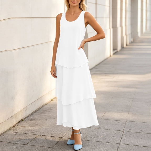 Dresses for Women Sleeveless Fashion Solid Tiered Chiffon Casual Flowy A-Line Maxi Dress White XXL