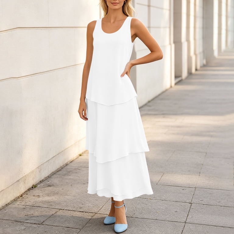 white chiffon dress casual asdoklhq Maxi Dresses for Women Summer Dresses Graduation Fashion Women's  Sleeveless Solid Tiered Chiffon Dress Casual Flowy A-Line Maxi Dress White  2X