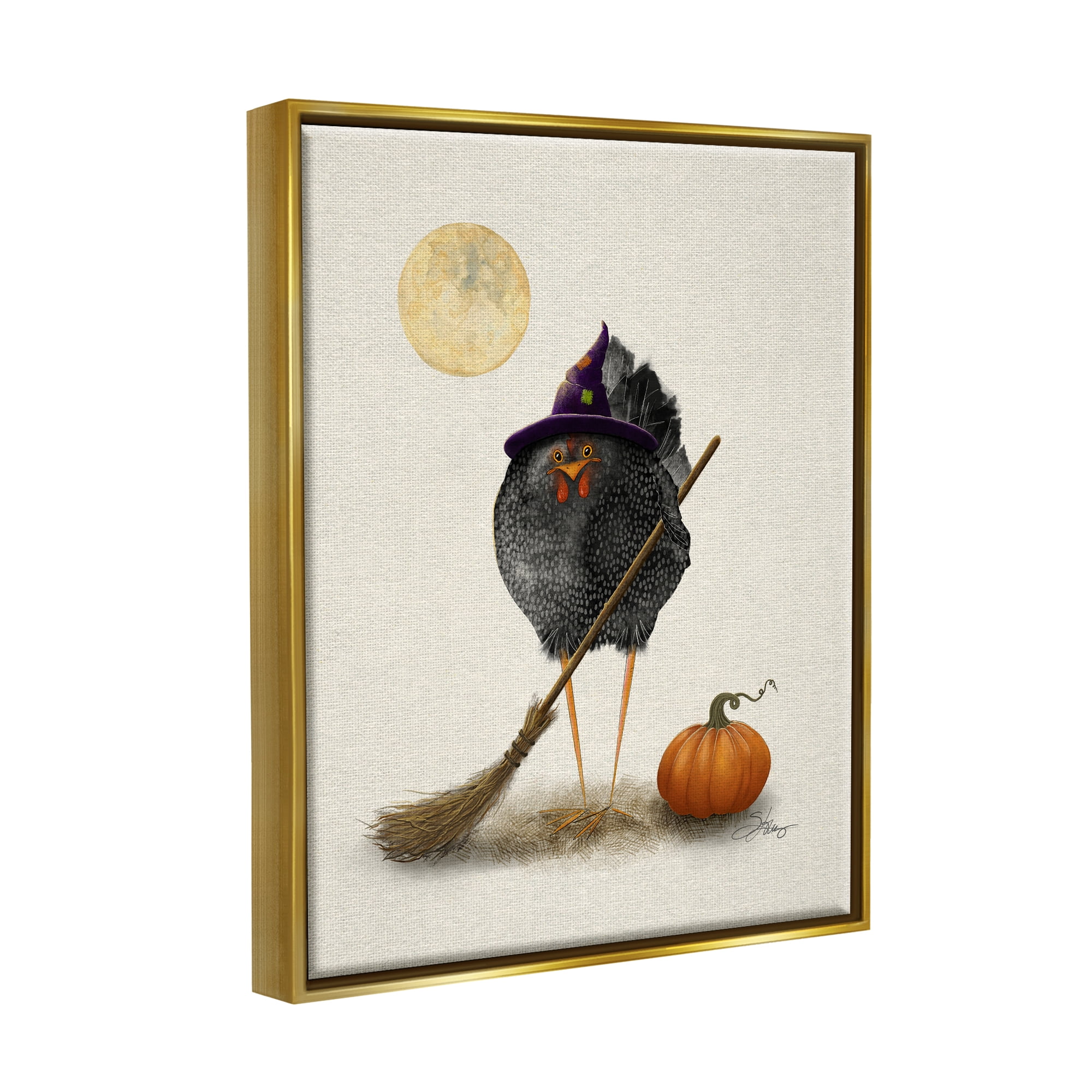 Stupell Industries Halloween Black Bird Witch Holiday Painting Gold Floater Framed Art Print Wall Art