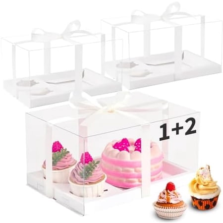 5 Pack Bento Cake and Cupcake Box with Gift Ribbon Clear Window 1+2 Combination Bento Boxes 4-5in cake and 2 Cupcakes Combo Box Rectangle Cupcake Holder for Birthday Party Baking Supplies (1+2/5Pcs)