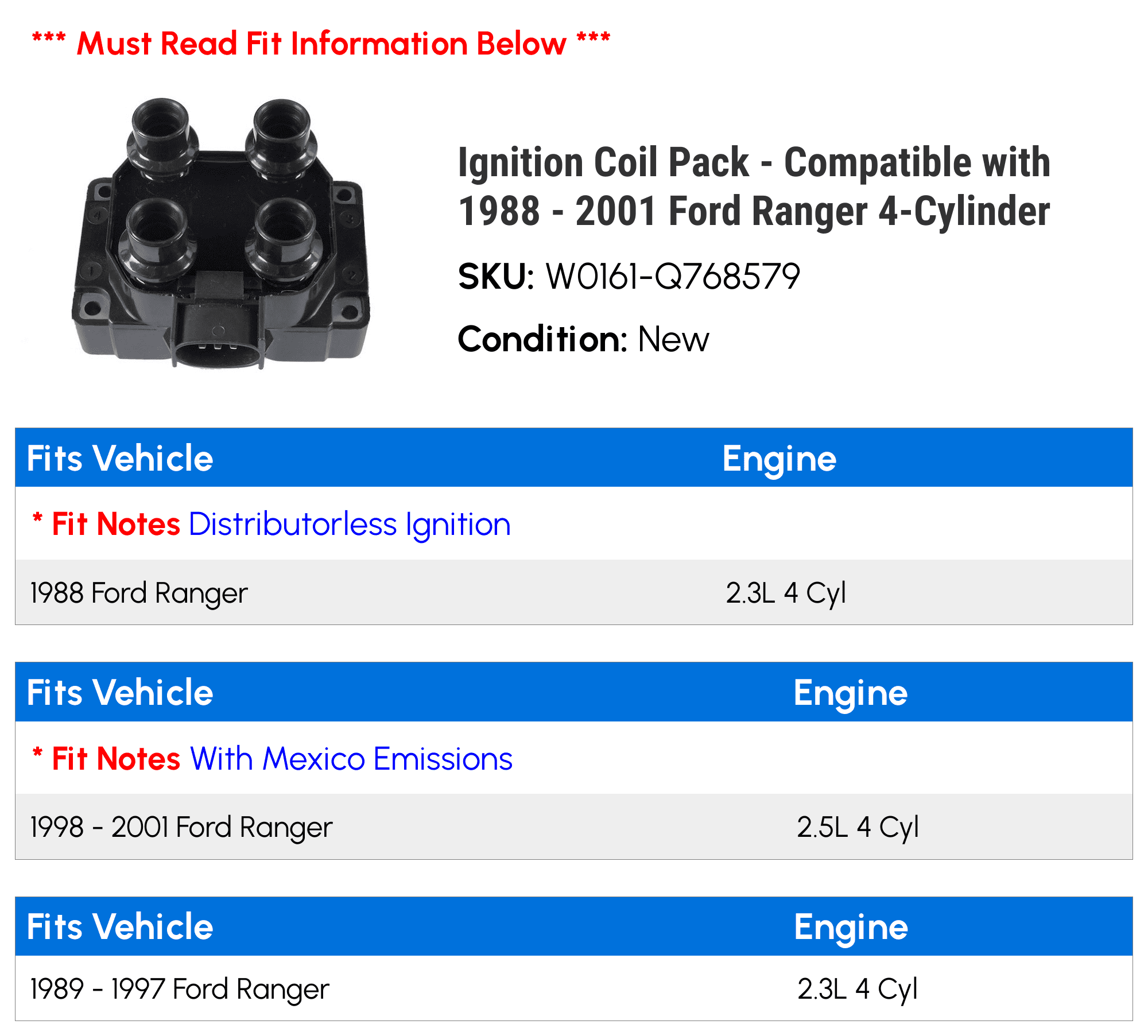 Ignition Coil Pack - Compatible with 1988 - 2001 Ford Ranger 4-Cylinder 1989 1990 1991 1992 1993 1994 1995 1996 1997 1998 1999 2000