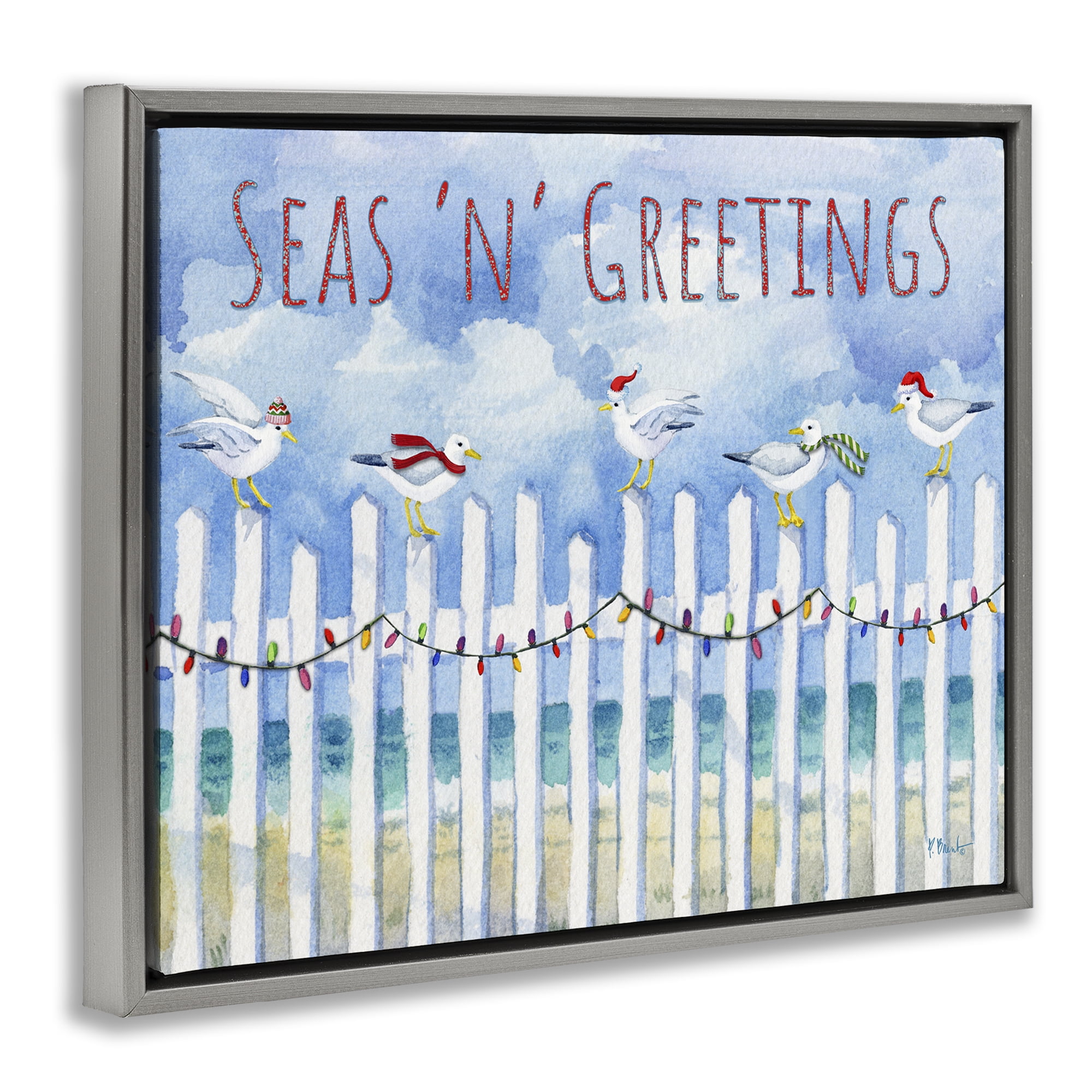 Stupell Industries Seas 'n' Greetings Seagulls Holiday Painting Gray Floater Framed Canvas Art Print Wall Art, 31 x 25