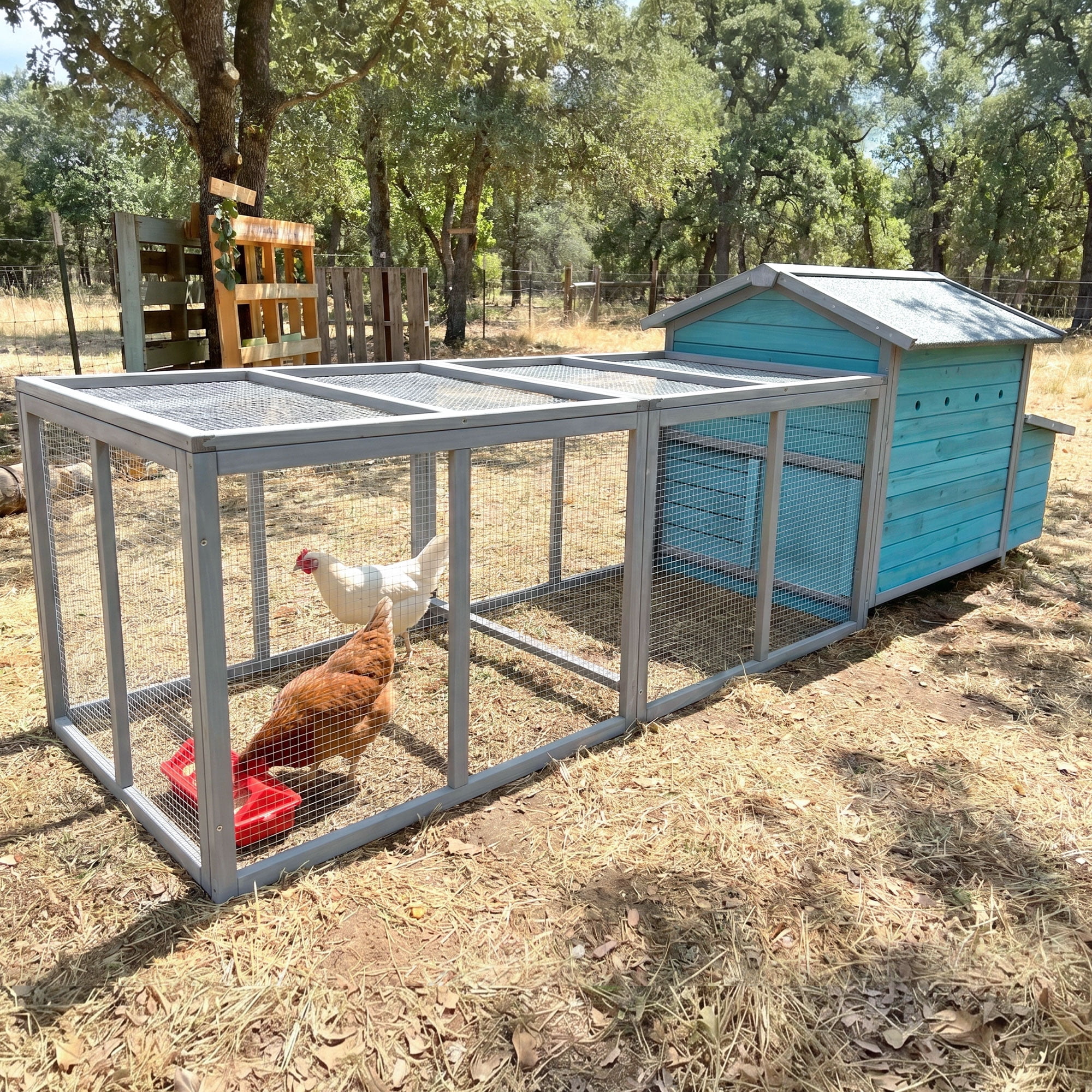 Weatherproof 114-Inch Wooden Chicken Coop with Outdoor Run, Hen House with Nesting Box and Lockable Doors for 2-3 Chickens, Blue-Gray