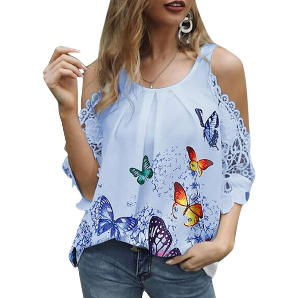 Lallc - Plus Size Women's Floral Printed Short Sleeve Shirt Summer Cold ...