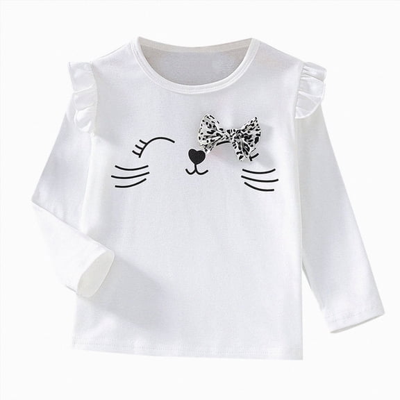 Xudanell Toddler Girl Shirt Summer Basic Print Ruffle Long Sleeve T Shirt Soft Crewneck Tee Tops for Little Girls White 3-4 Years