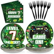 96Pcs 7th Birthday Party Decorations Green Video Game Paper Plates Disposable 7th Birthday Paper Tableware Set for Boys 7 Year Old Video Gamer Birth-day Gaming Party, Serves 24