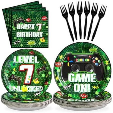 96Pcs 7th Birthday Party Decorations Green Video Game Paper Plates Disposable 7th Birthday Paper Tableware Set for Boys 7 Year Old Video Gamer Birth-day Gaming Party, Serves 24